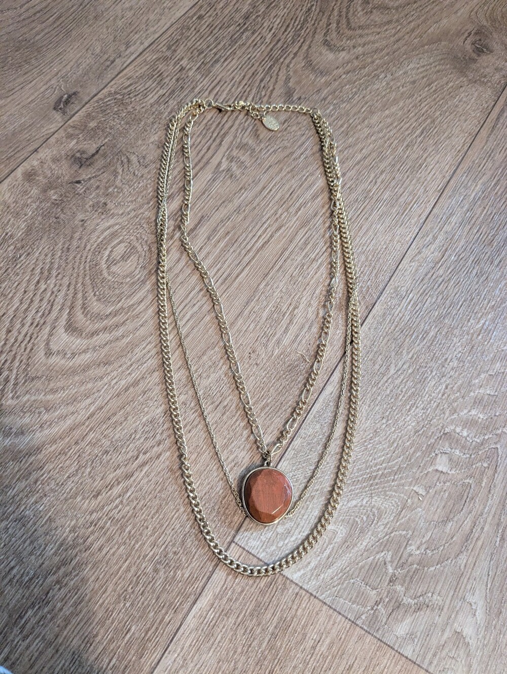 Time and Tru Gold-Tone Layered Necklace with Brown Stone Pendant